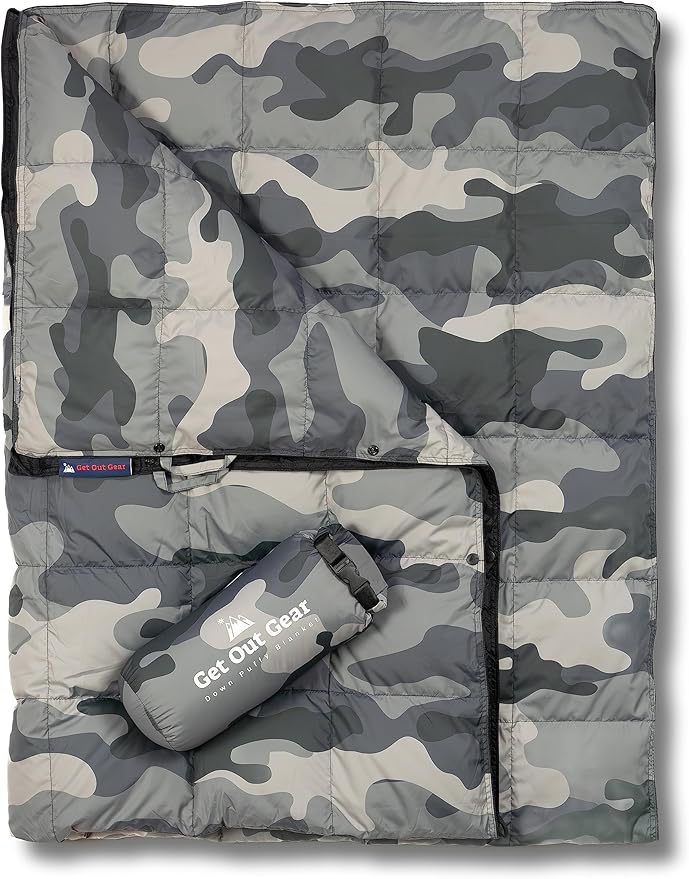 Get Out Gear Down Camping Blanket in Grey Camo.