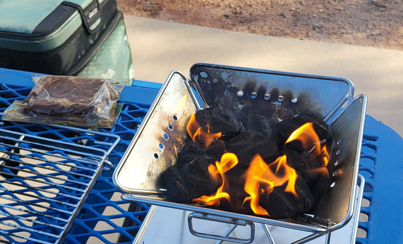 Kingsford Bold and Smokey BBQ charcoal in the CAMPINGMOON portable grill